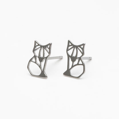 10pcs Gold/ Silver Tone Hollow Fox Earrings, Gold/ Rhodium Plated Brass, Minimalist Animal Stud Earrings (GB-4498)