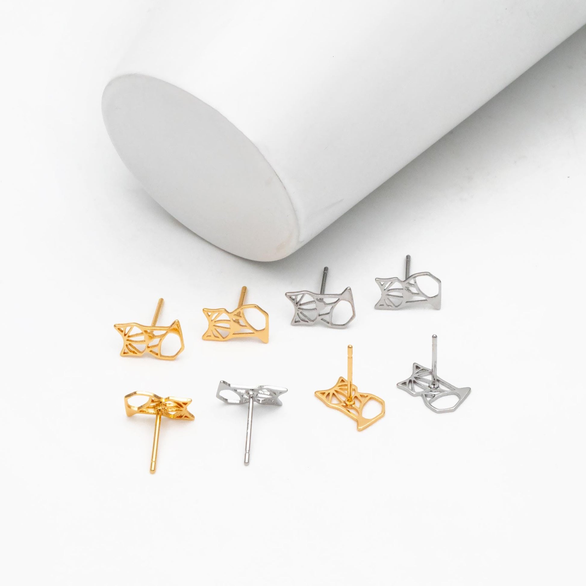 10pcs Gold/ Silver Tone Hollow Fox Earrings, Gold/ Rhodium Plated Brass, Minimalist Animal Stud Earrings (GB-4498)