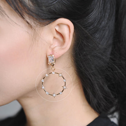 4pcs CZ pave Gold/ Silver Star Ring Pendants 37x35mm, 18K Gold/ Rhodium plated Brass, Rhinestone Round Loop Circle Charms (GB-1048-H)