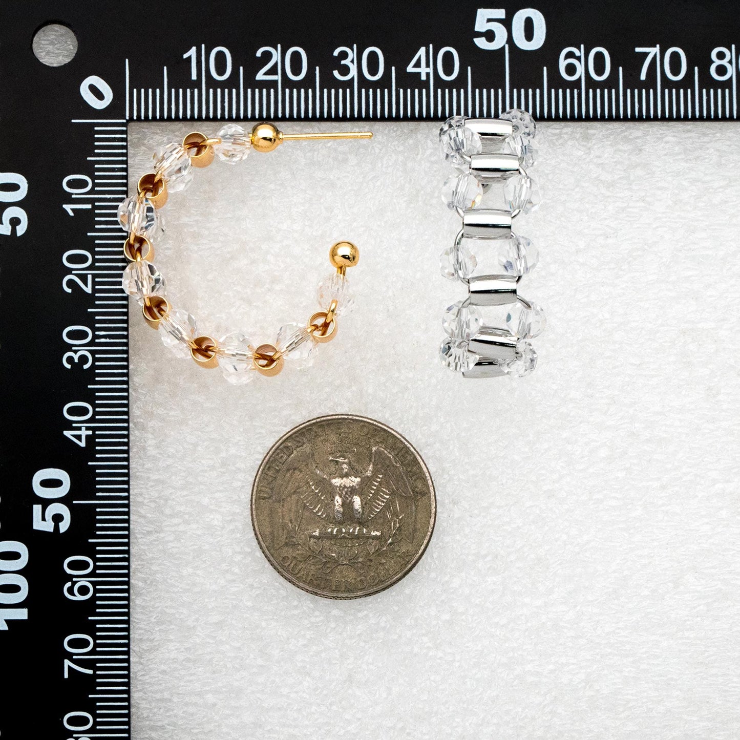 4pcs Gold/ Silver Tone C Shape Earrings, 18K Gold/ Rhodium plated Brass, Crystal Beaded Hoop Stud Earrings (GB-4543)