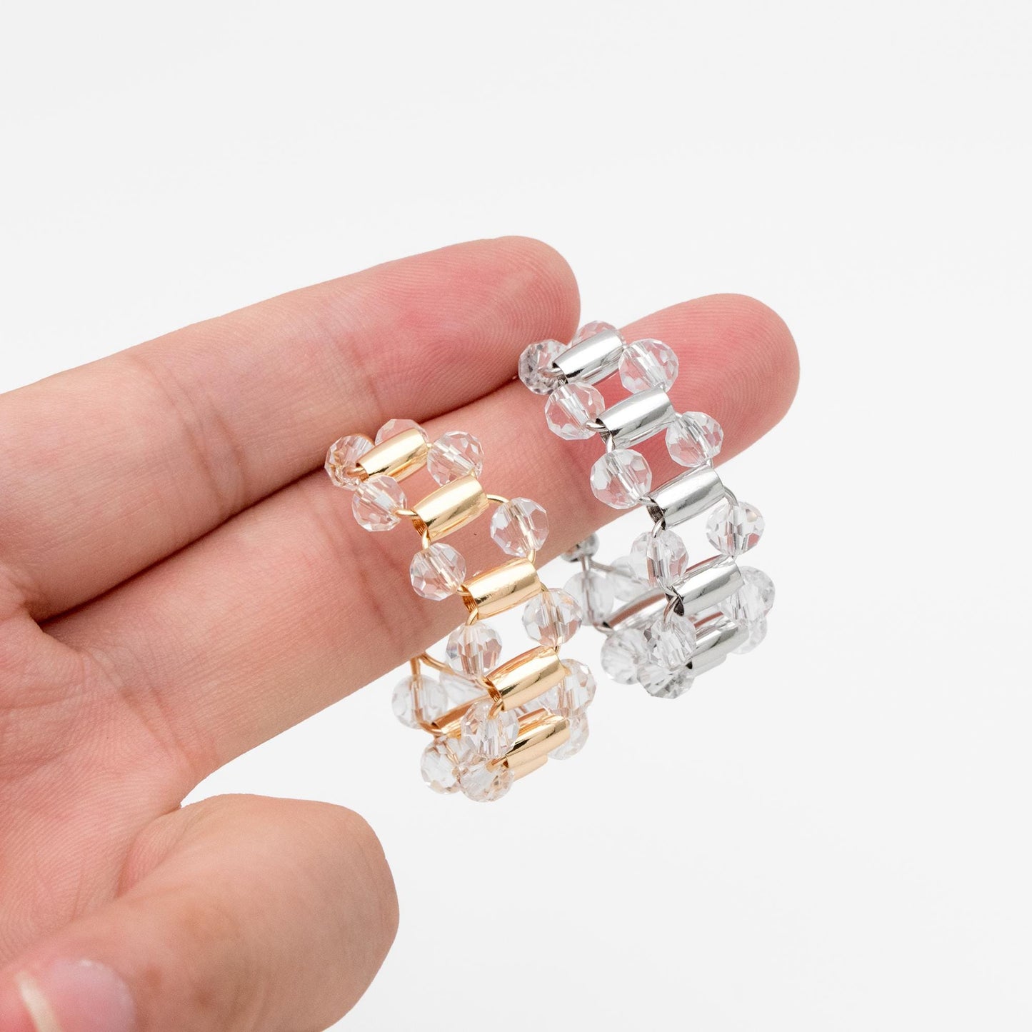 4pcs Gold/ Silver Tone C Shape Earrings, 18K Gold/ Rhodium plated Brass, Crystal Beaded Hoop Stud Earrings (GB-4543)