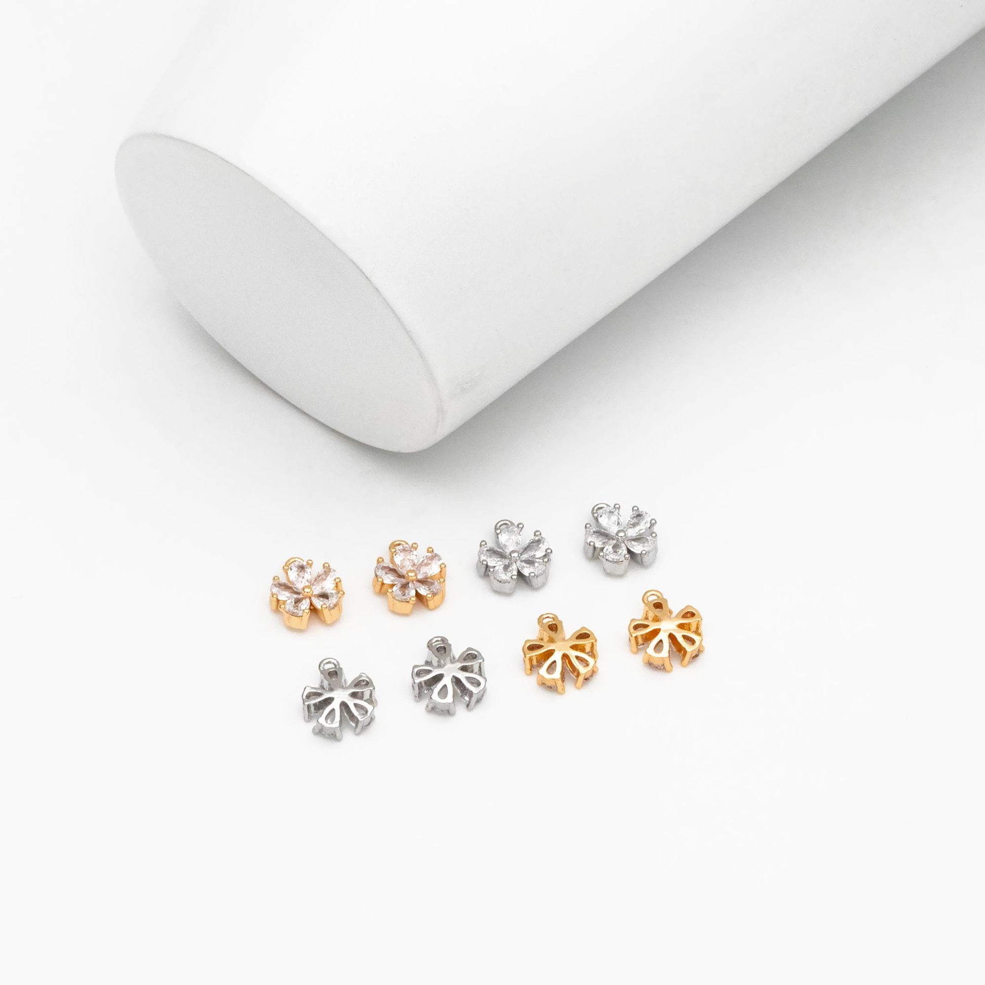 10pcs CZ Pave Gold/ Silver Tone Flower Charms 8x7mm, Real Gold/ Rhodium plated Brass, Dainty Earring Charms (GB-1762-H)