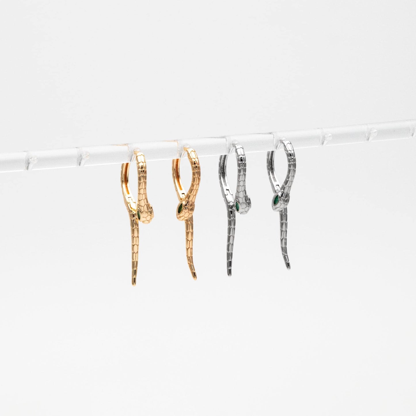 4pcs CZ Pave Gold/ Silver Tone Snake Hoop Earrings, Gold/ Rhodium plated Brass, Serpent Huggie Hoops (GB-4548)