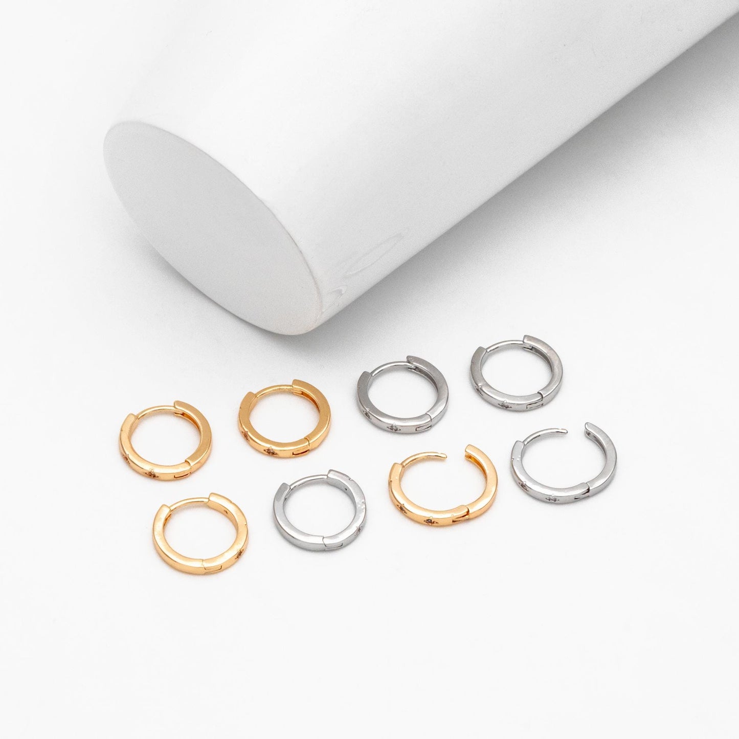 4pcs CZ Pave Gold/ Silver Hoop Earrings, 14mm, 18K Real Gold/ Rhodium plated Brass, Dainty Huggie Earrings, Minimalist Earrings (GB-2815-C)