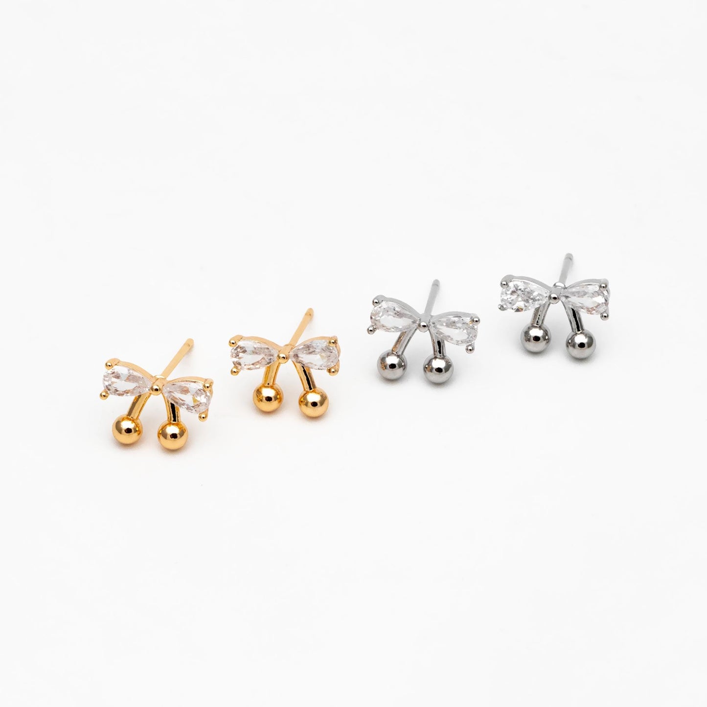 4pcs CZ Pave Gold/ Silver Tone Bowknot Earrings, 18K Real Gold/ Rhodium plated Brass, Bow Knot Stud Earring (GB-4506)