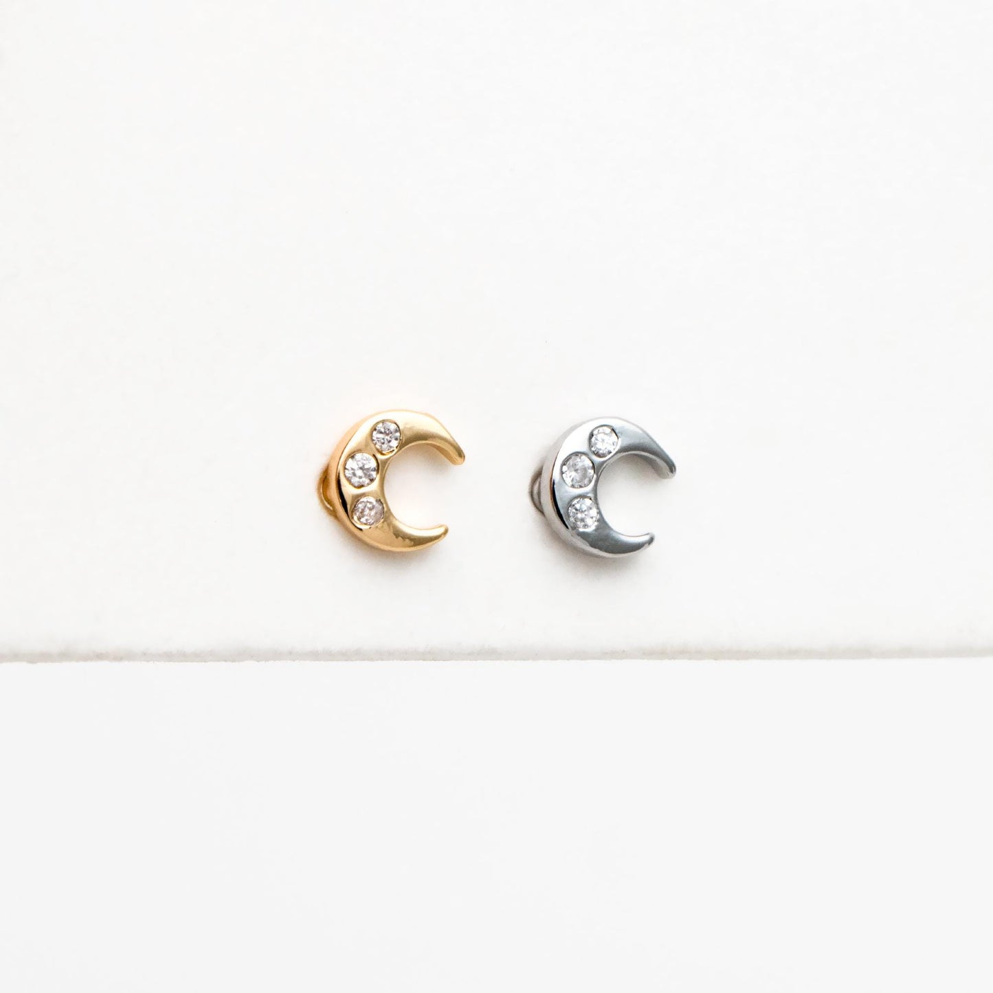10pcs CZ Pave Gold/ Silver Tone Moon Earrings, Real Gold/ Rhodium Plated Brass, Minimalist Stud Earrings (#GB-3041-G)