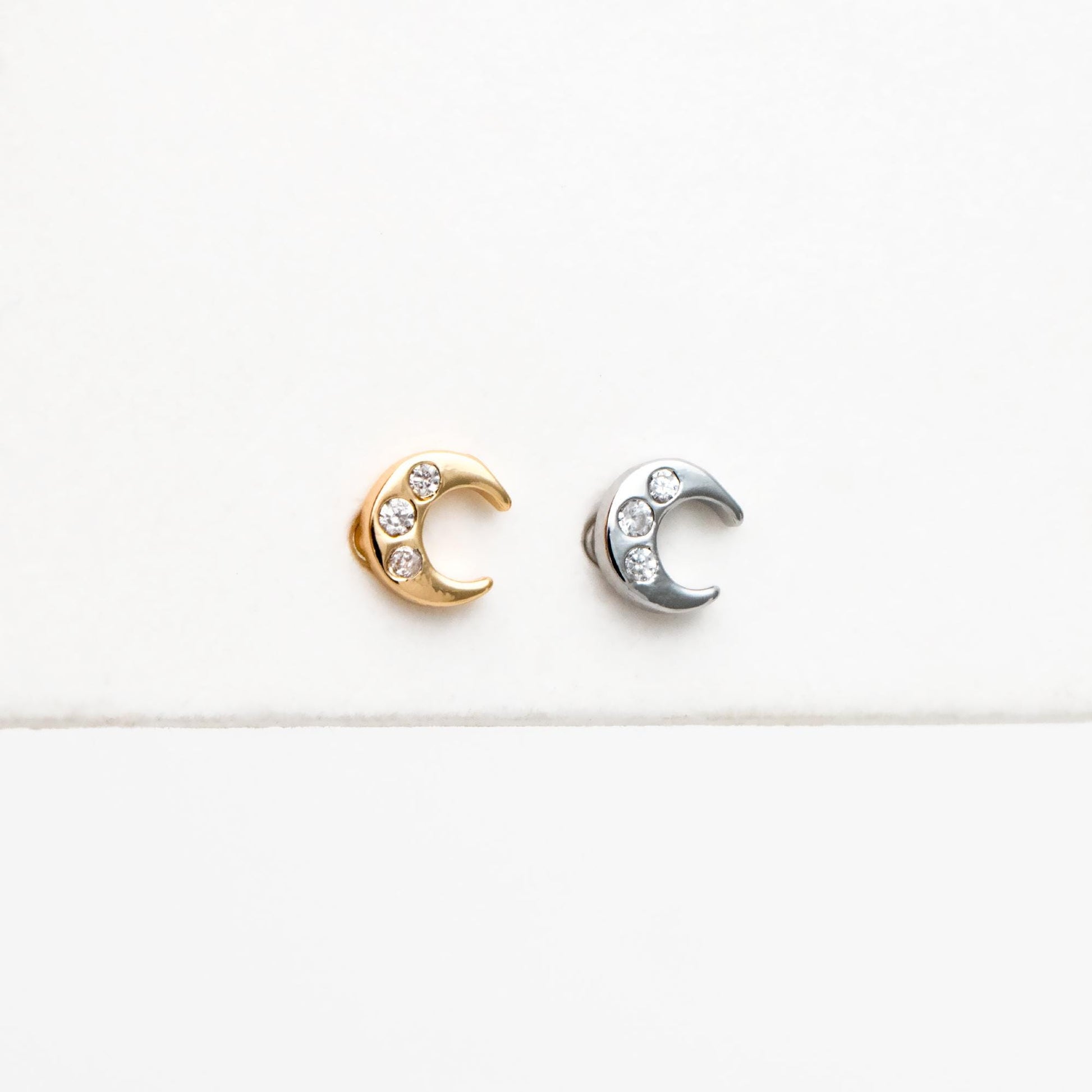 10pcs CZ Pave Gold/ Silver Tone Moon Earrings, Real Gold/ Rhodium Plated Brass, Minimalist Stud Earrings (#GB-3041-G)