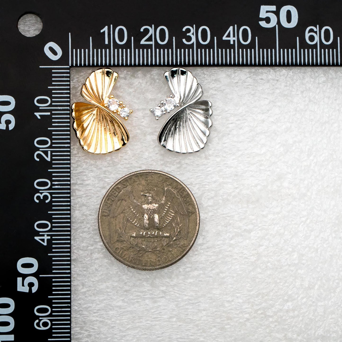 4pcs CZ Pave Leaf Earrings: Gold/ Rhodium Plated Brass Studs (GB-4510)