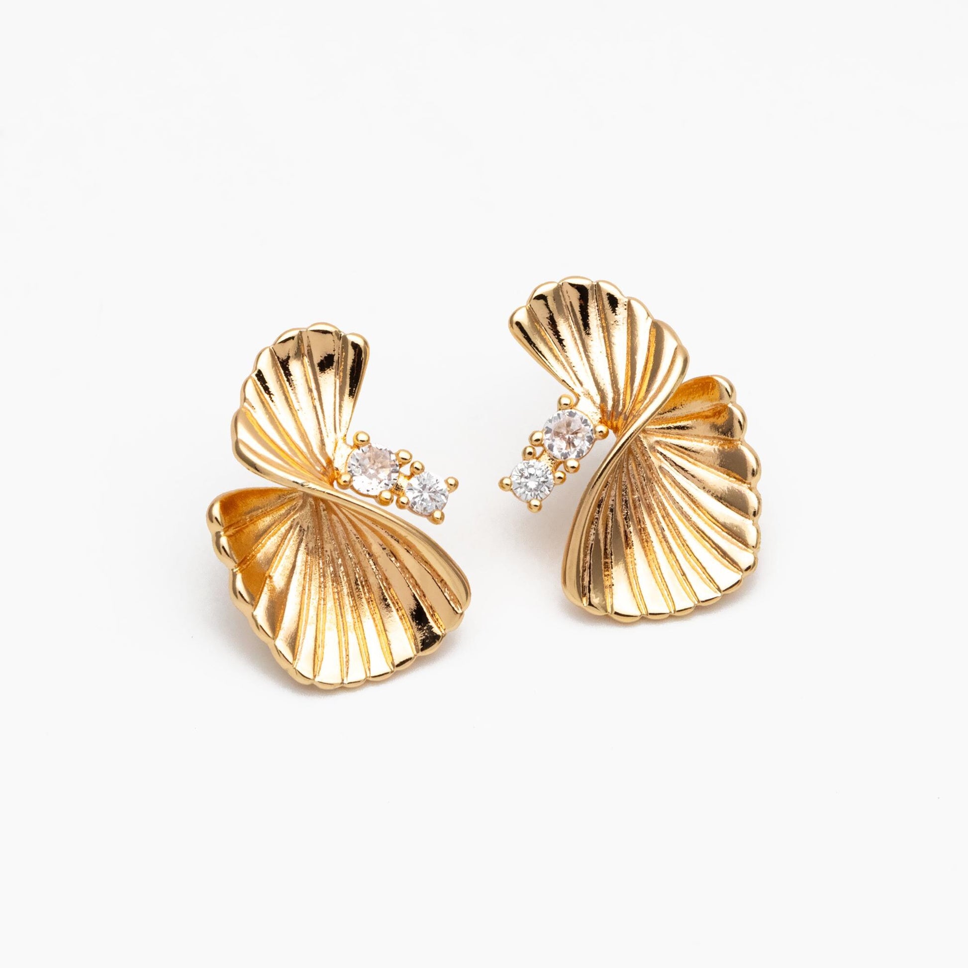 4pcs CZ Pave Leaf Earrings: Gold/ Rhodium Plated Brass Studs (GB-4510)