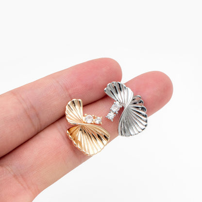 4pcs CZ Pave Leaf Earrings: Gold/ Rhodium Plated Brass Studs (GB-4510)