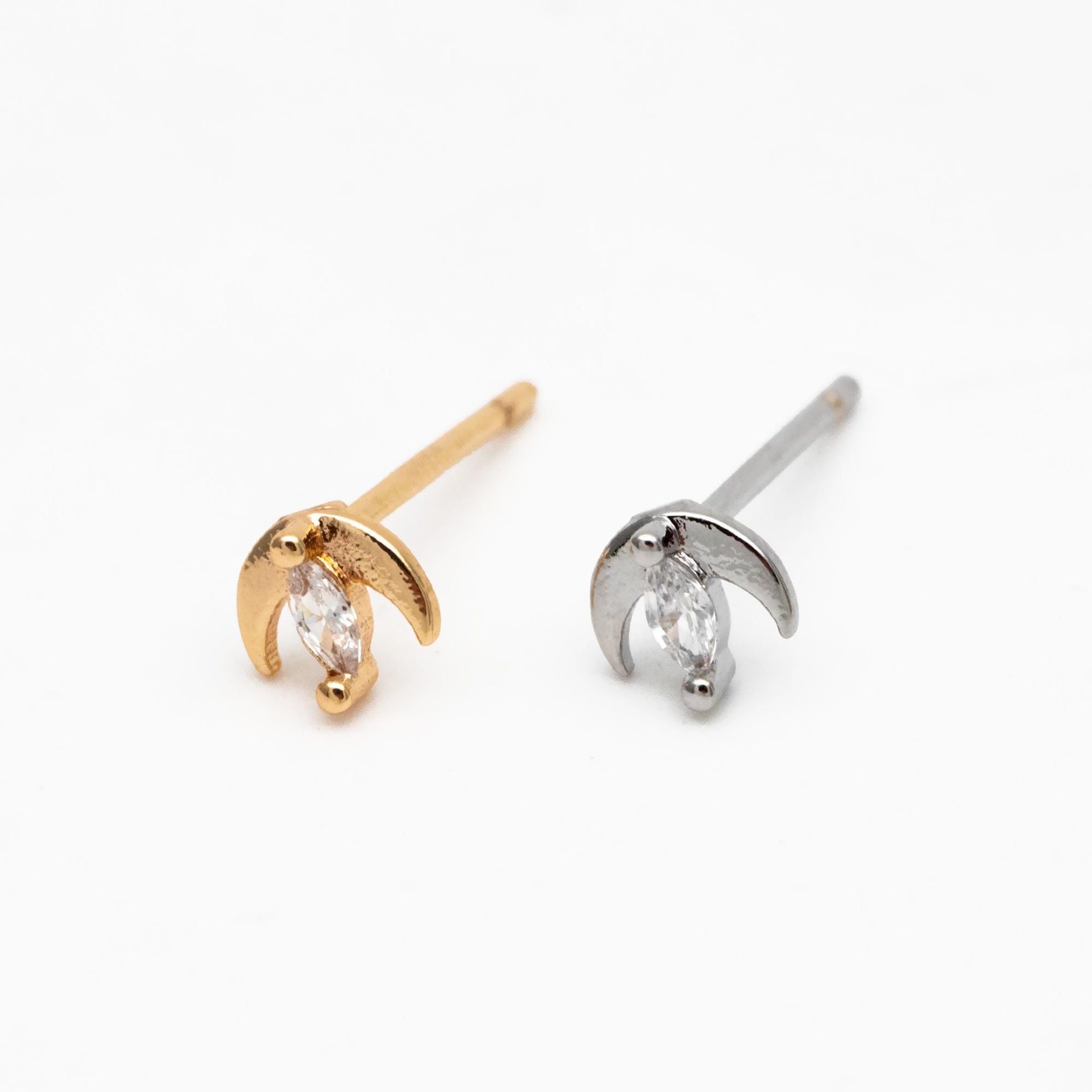 10pcs Gold/ Silver Tone Moon and Marquise CZ Earrings, Real Gold/ Rhodium Plated Brass Minimalist Stud Earrings (#GB-3041-B)