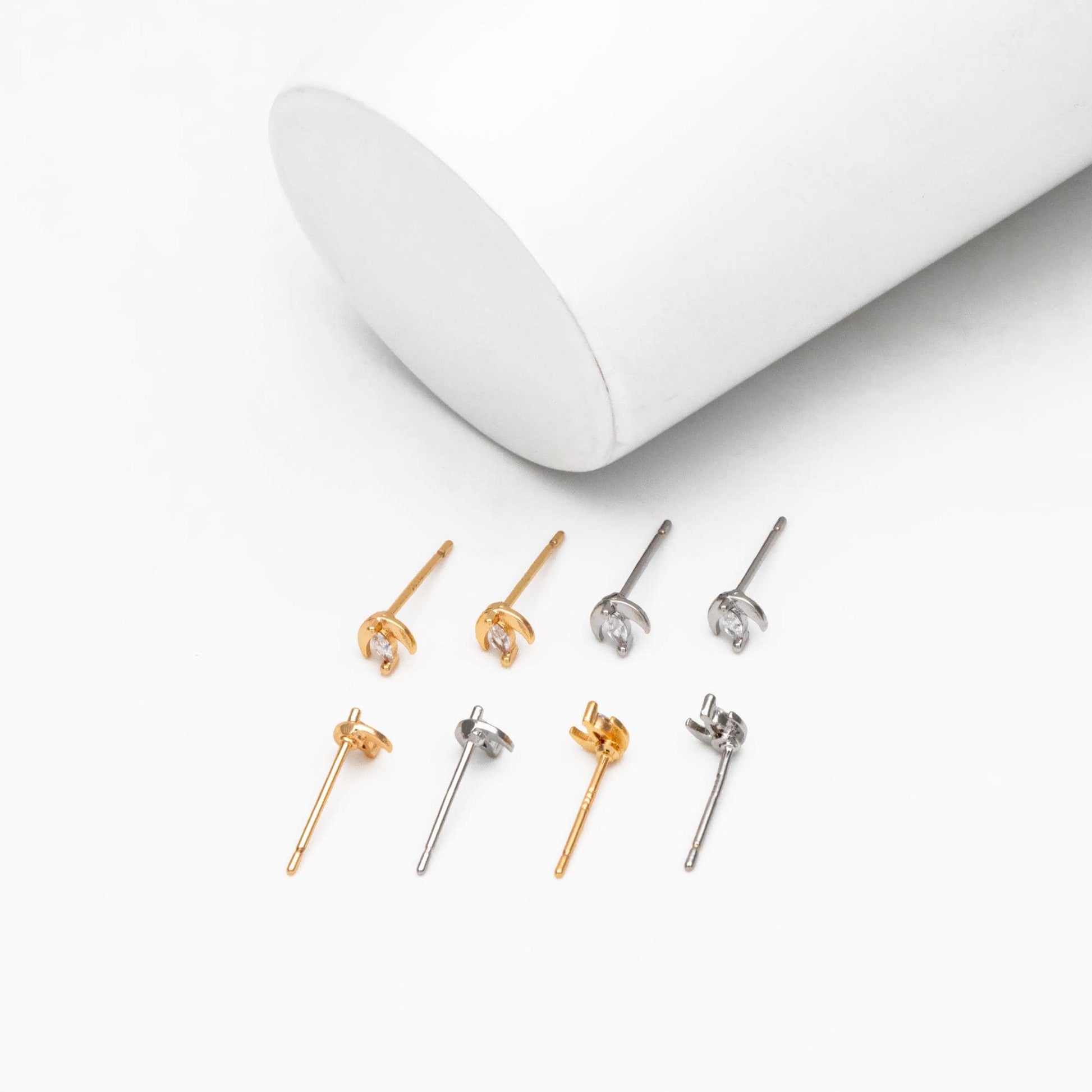 10pcs Gold/ Silver Tone Moon and Marquise CZ Earrings, Real Gold/ Rhodium Plated Brass Minimalist Stud Earrings (#GB-3041-B)