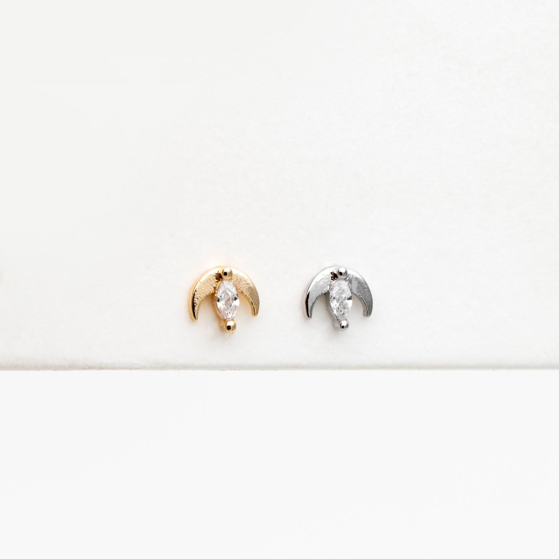 10pcs Gold/ Silver Tone Moon and Marquise CZ Earrings, Real Gold/ Rhodium Plated Brass Minimalist Stud Earrings (#GB-3041-B)