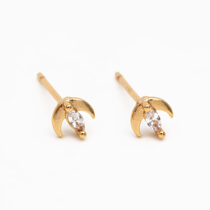 10pcs Gold/ Silver Tone Moon and Marquise CZ Earrings, Real Gold/ Rhodium Plated Brass Minimalist Stud Earrings (#GB-3041-B)