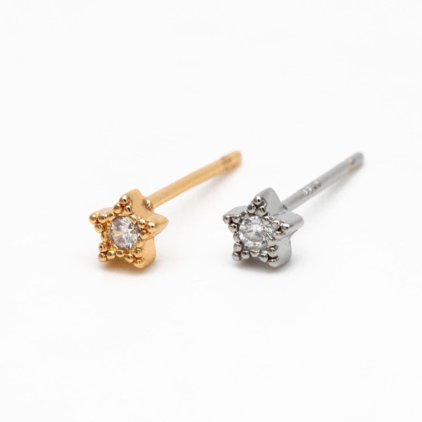 10pcs CZ Pave Gold/ Silver Tone Star Earrings, Gold/ Rhodium Plated Brass, Dainty Star Stud Earrings (GB-3041-A)