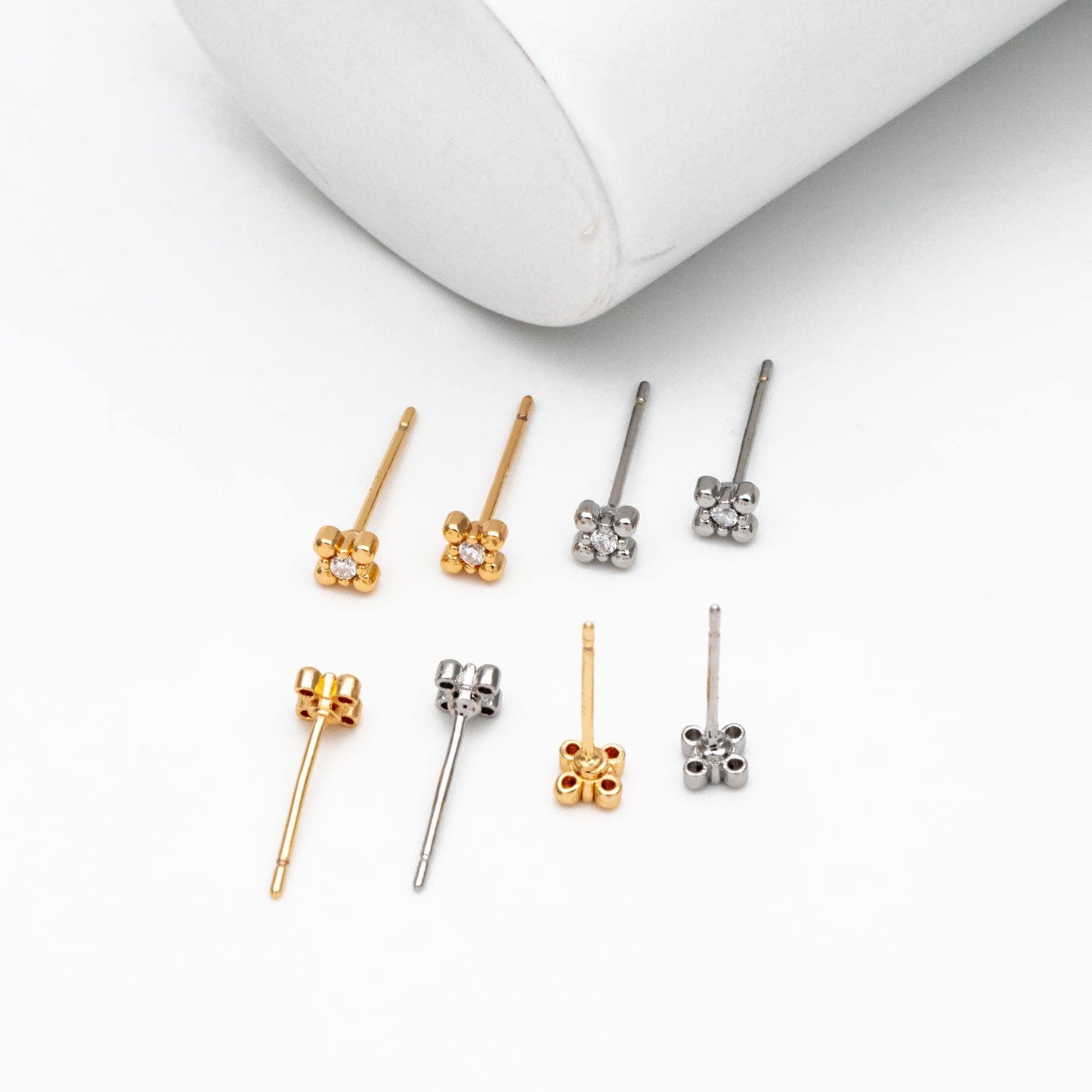 10pcs CZ Pave Gold/ Silver Tone Square Earrings, Gold/ Rhodium Plated Brass, Dainty Minimalist Stud Earrings (GB-4523)