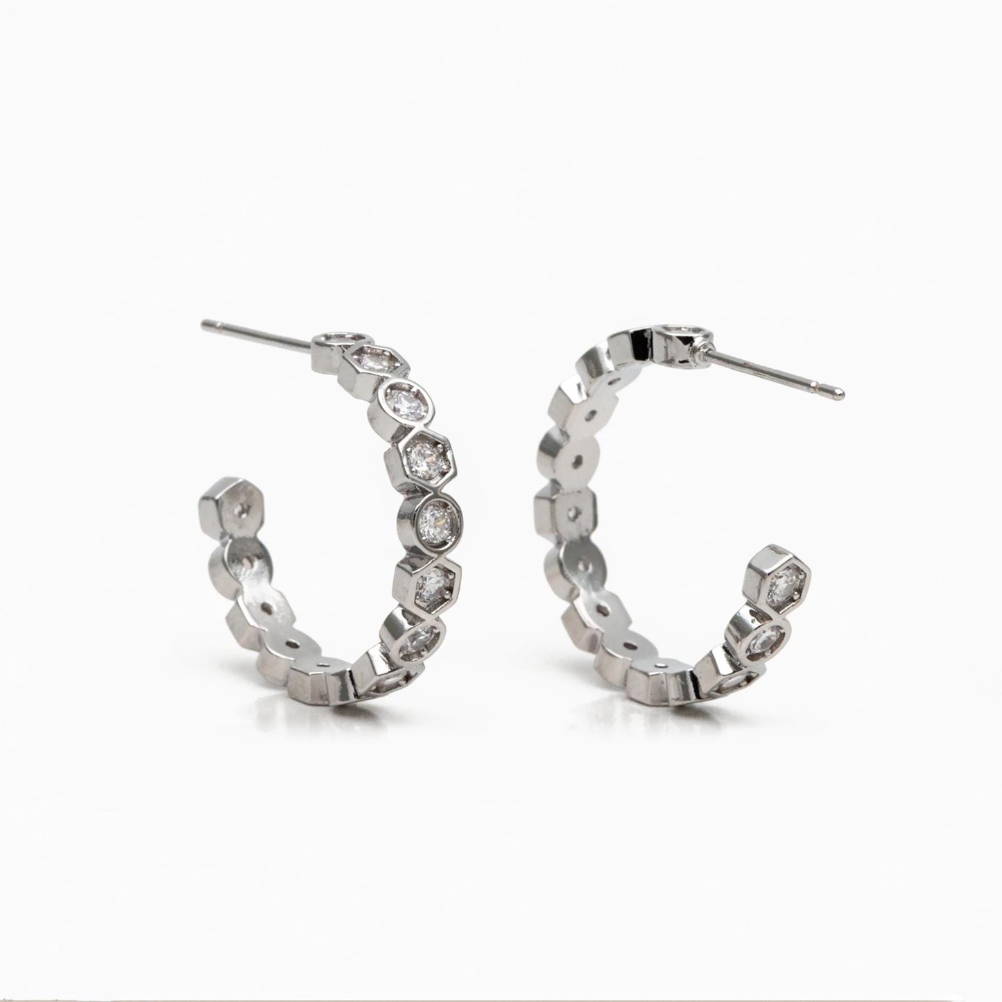 4pcs CZ Pave Gold/ Silver Round Circle Earrings, Gold/ Rhodium plated Brass, Geometric Hoop Stud Earrings (GB-4511)