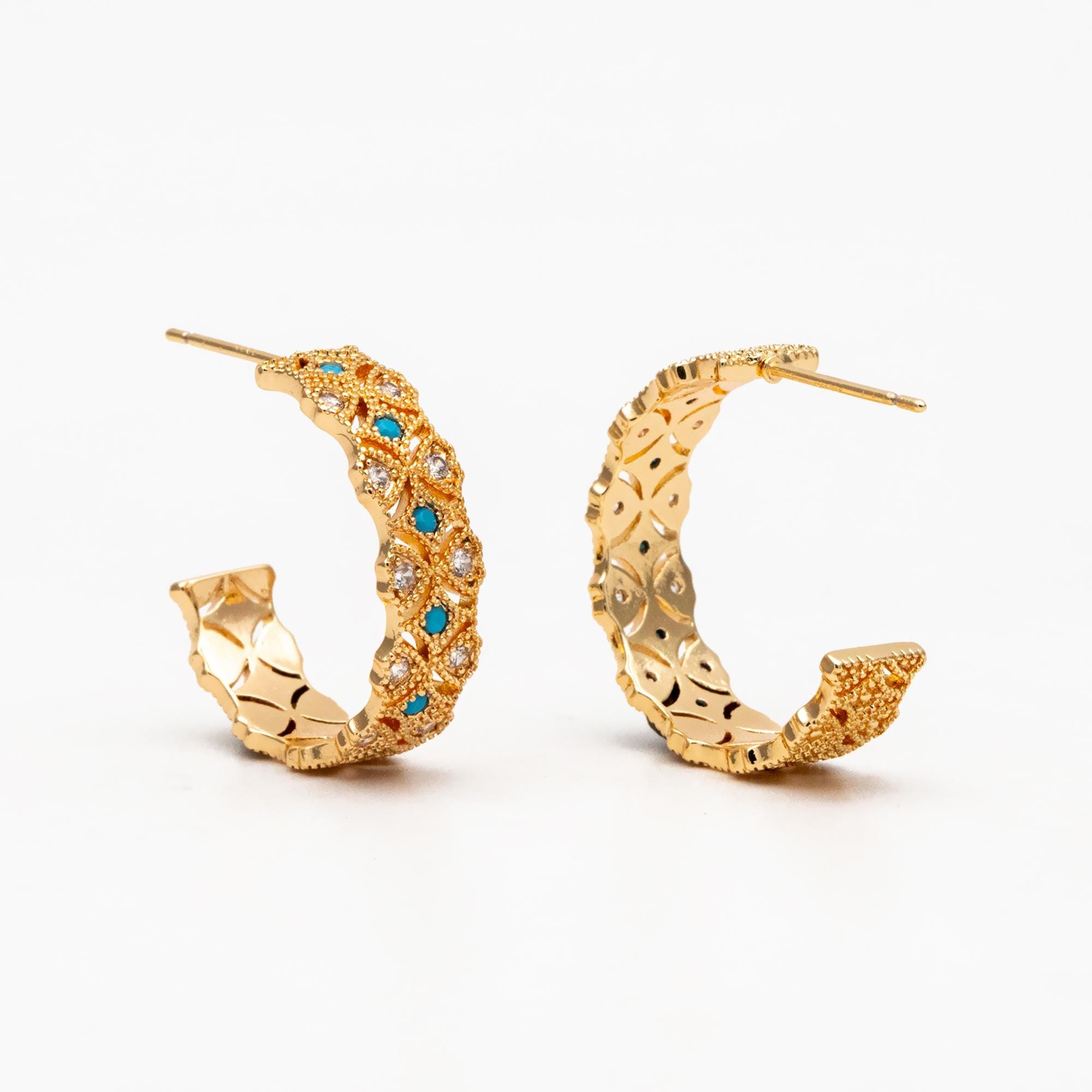 4pcs CZ Pave Gold/ Silver Round Circle Earrings, Gold/ Rhodium plated Brass, Geometric Hoop Stud Earrings (GB-4516)