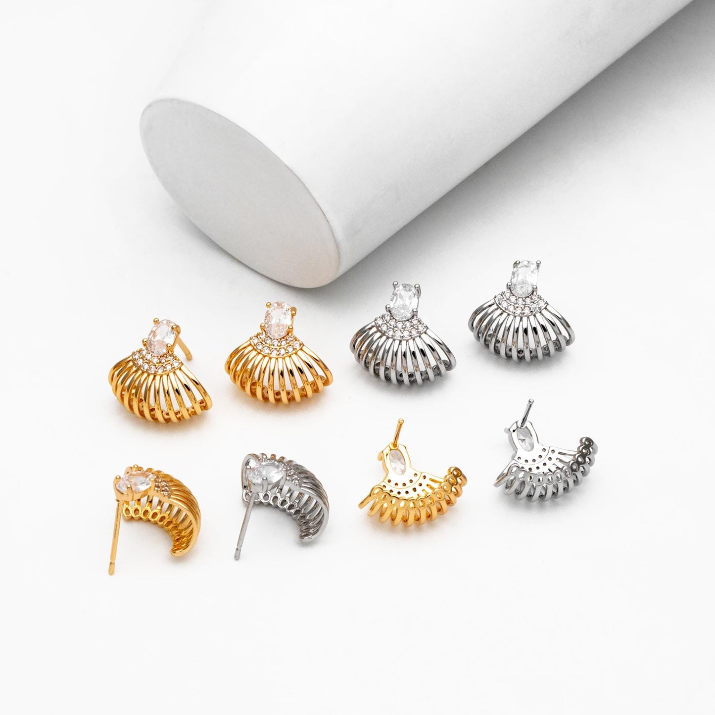 4pcs CZ Pave Gold/ Silver Tone Fan Shaped Earrings, Real Gold/ Rhodium Plated Brass, Fan Stud Earrings (#GB-4525)