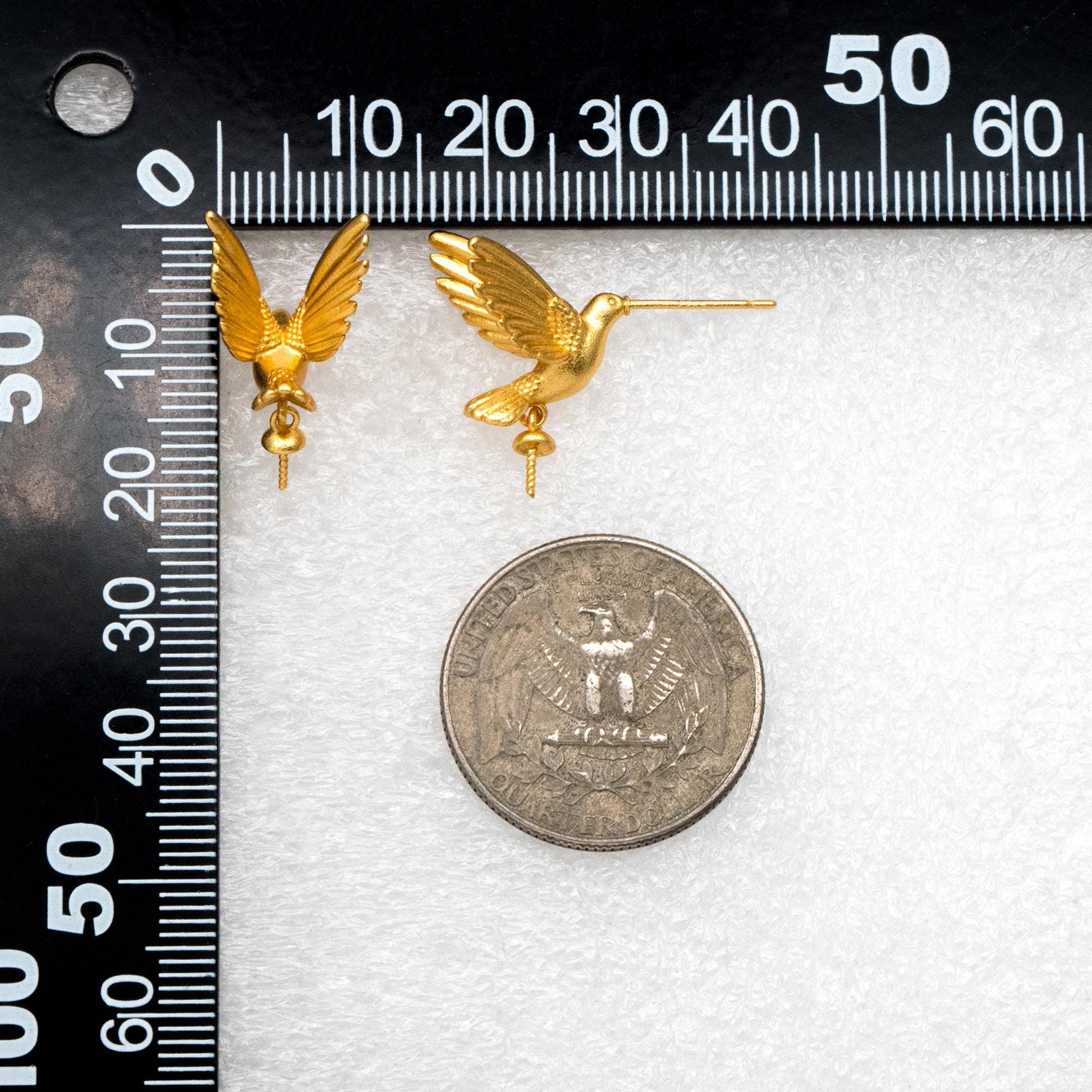 4pcs Matte Gold Hummingbird Earrings, Half Drilled Pearl Mounts, Pearl Earring Settings (GB-4526)