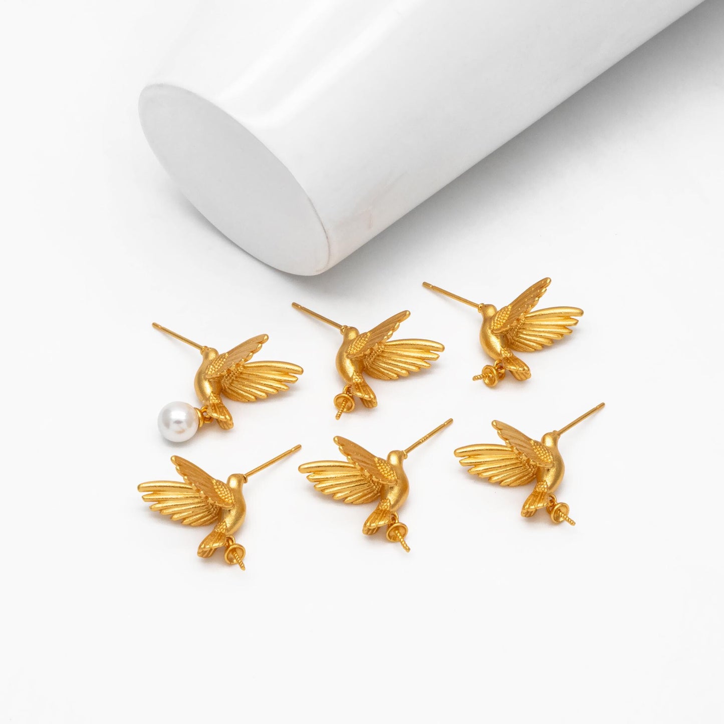 4pcs Matte Gold Hummingbird Earrings, Half Drilled Pearl Mounts, Pearl Earring Settings (GB-4526)
