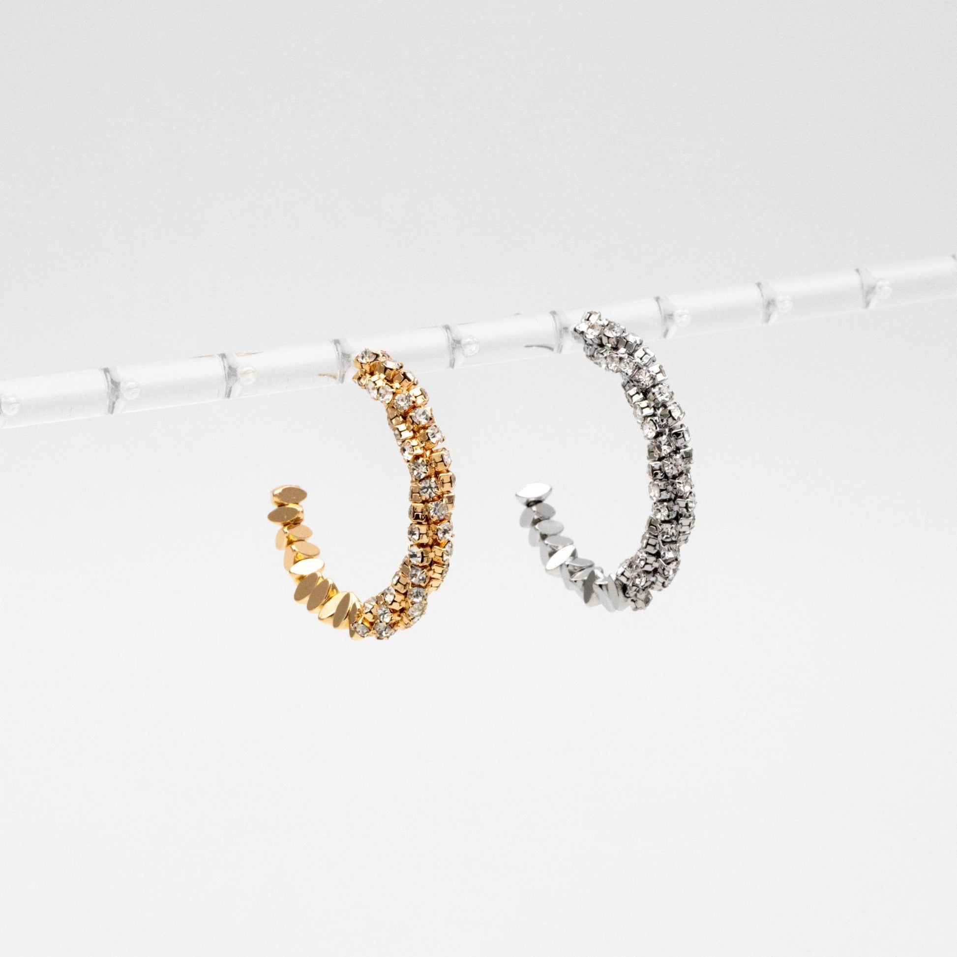 4pcs CZ Pave Gold/ Silver Beaded Round Hoop Earrings, 18K Gold/ Rhodium plated Brass, Geometric Hoop Stud Earrings (GB-4554)