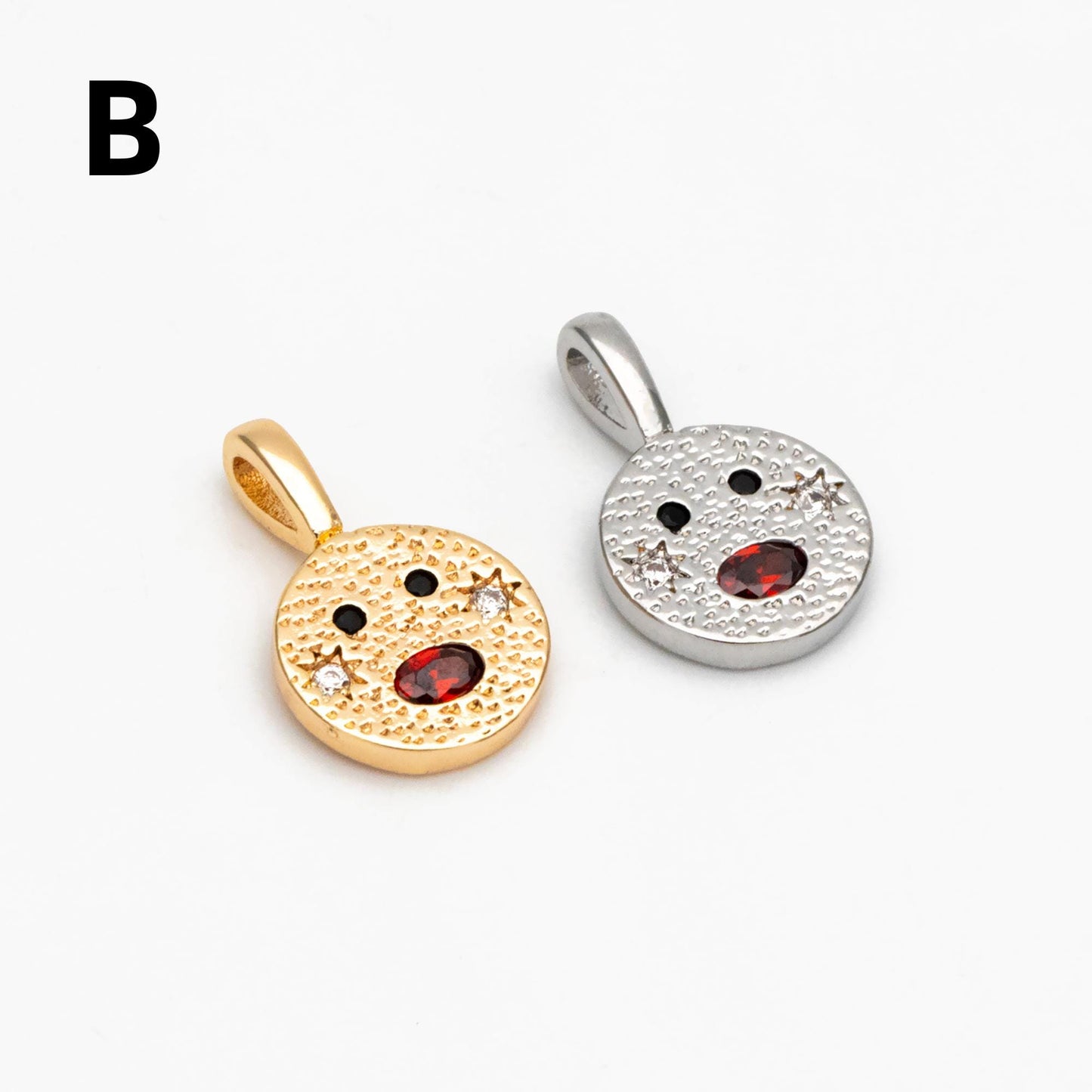 4pcs CZ Pave Gold/ Silver Tone Round Face Charms, 18K Gold/ Rhodium plated Brass, Round Disc Pendants (GB-4503)