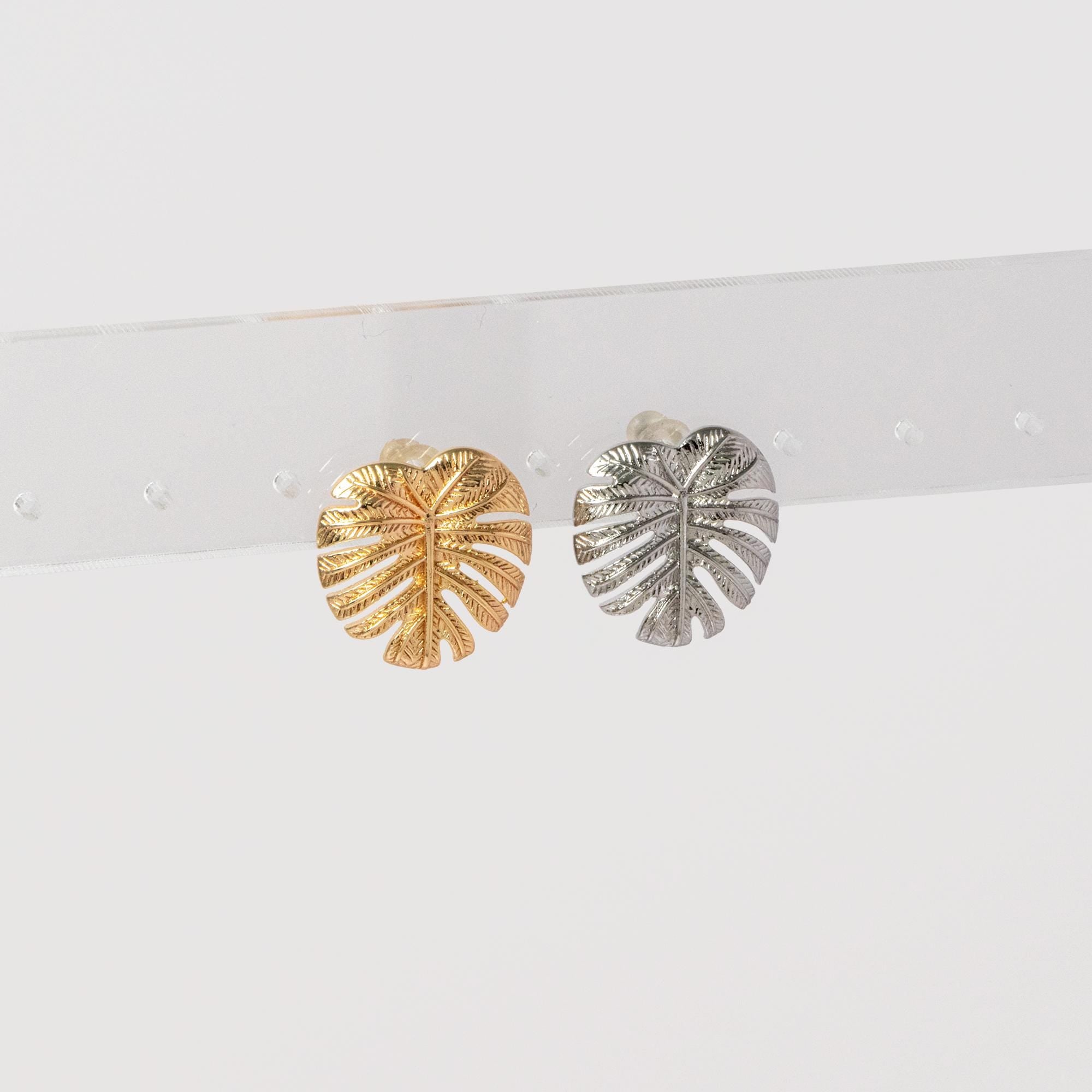10pcs Gold/ Silver Tone Monstera Leaf Earrings, Real Gold/ Rhodium Plated Brass, Dainty Stud Earrings (GB-4564)