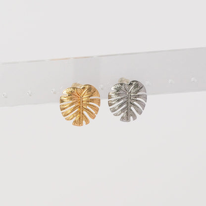 10pcs Gold/ Silver Tone Monstera Leaf Earrings, Real Gold/ Rhodium Plated Brass, Dainty Stud Earrings (GB-4564)