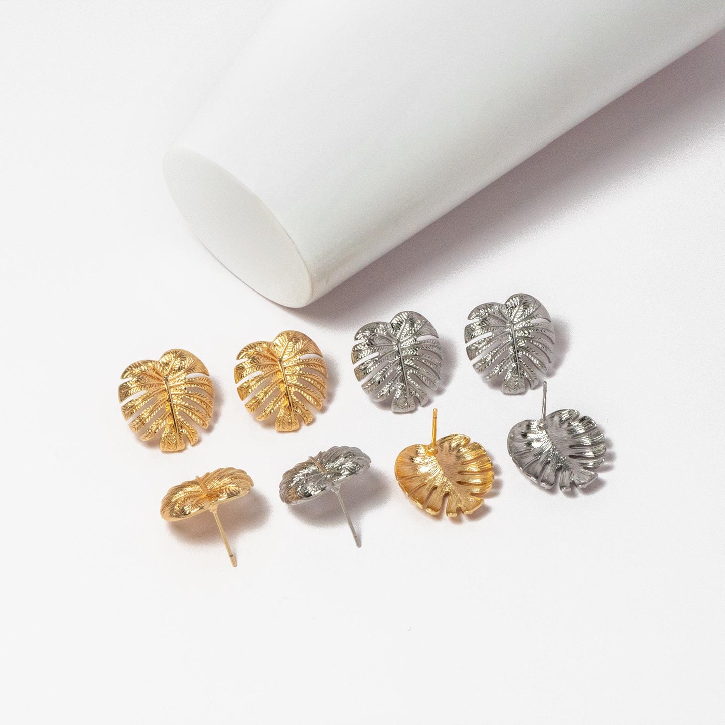 10pcs Gold/ Silver Tone Monstera Leaf Earrings, Real Gold/ Rhodium Plated Brass, Dainty Stud Earrings (GB-4564)