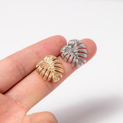 10pcs Gold/ Silver Tone Monstera Leaf Earrings, Real Gold/ Rhodium Plated Brass, Dainty Stud Earrings (GB-4564)