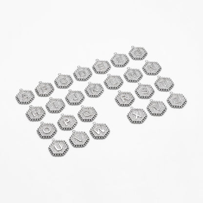 Gold/ Silver Alphabet Charms, English Letter Pendants 16x20mm, Hexagon Initial Coin Pendants, You Choose Letter (GB-2458)