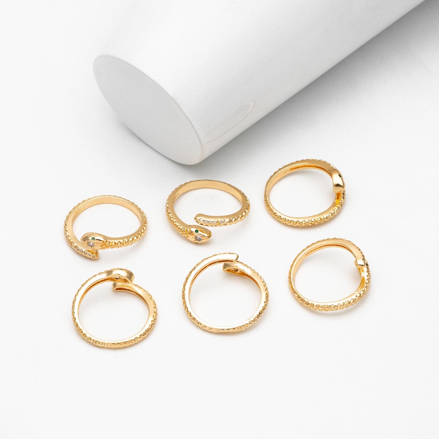 4pcs CZ Pave Snake Ring: Adjustable Serpent Band, 18K Gold Plated Brass (GB-2710)