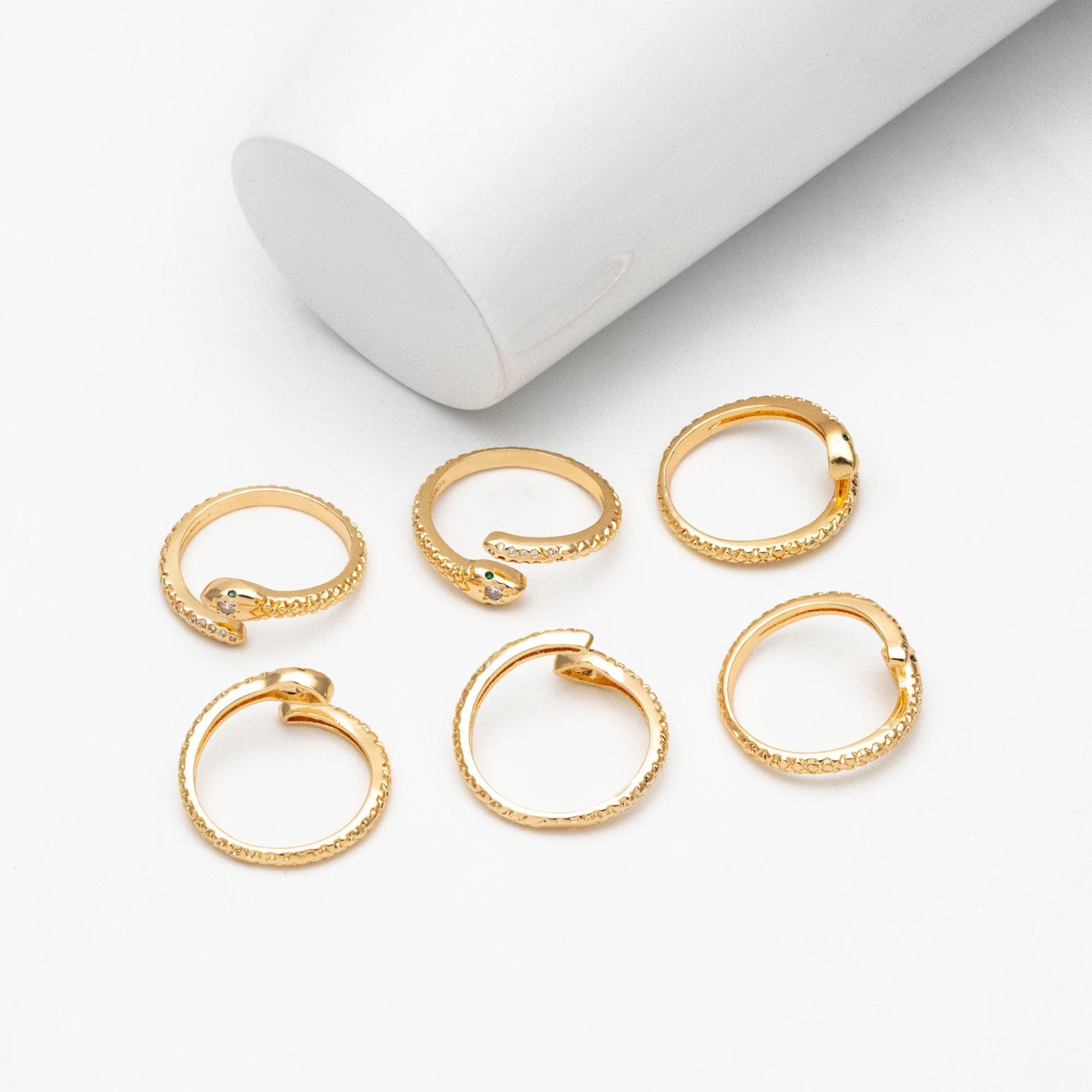 4pcs CZ Pave Snake Ring: Adjustable Serpent Band, 18K Gold Plated Brass (GB-2710)