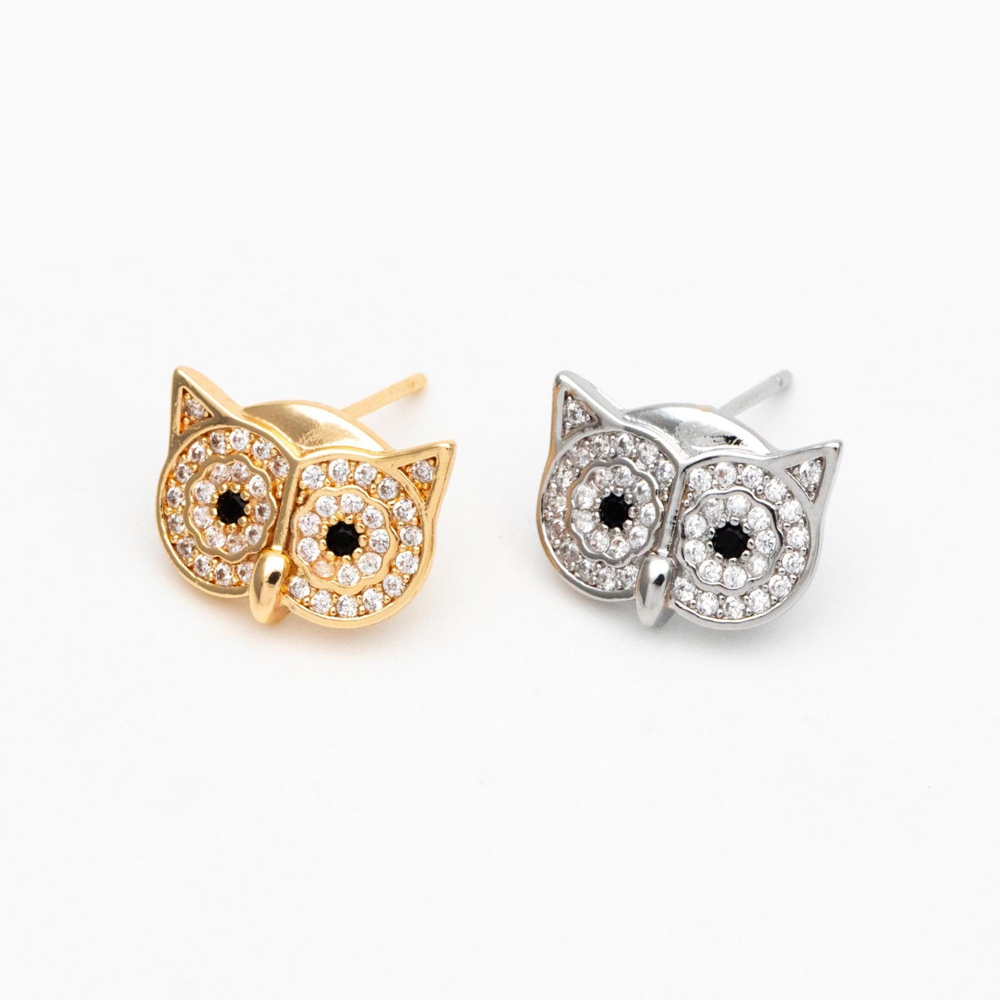 4pcs CZ Pave Gold/ Silver Tone Owl Earrings 11x14mm, Gold/ Rhodium Plated Brass, Bird Stud Earrings (GB-4513)