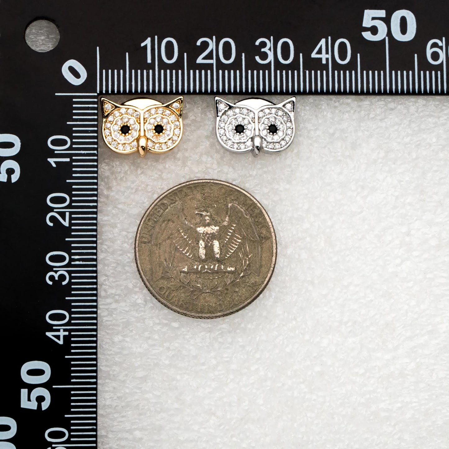 4pcs CZ Pave Gold/ Silver Tone Owl Earrings 11x14mm, Gold/ Rhodium Plated Brass, Bird Stud Earrings (GB-4513)