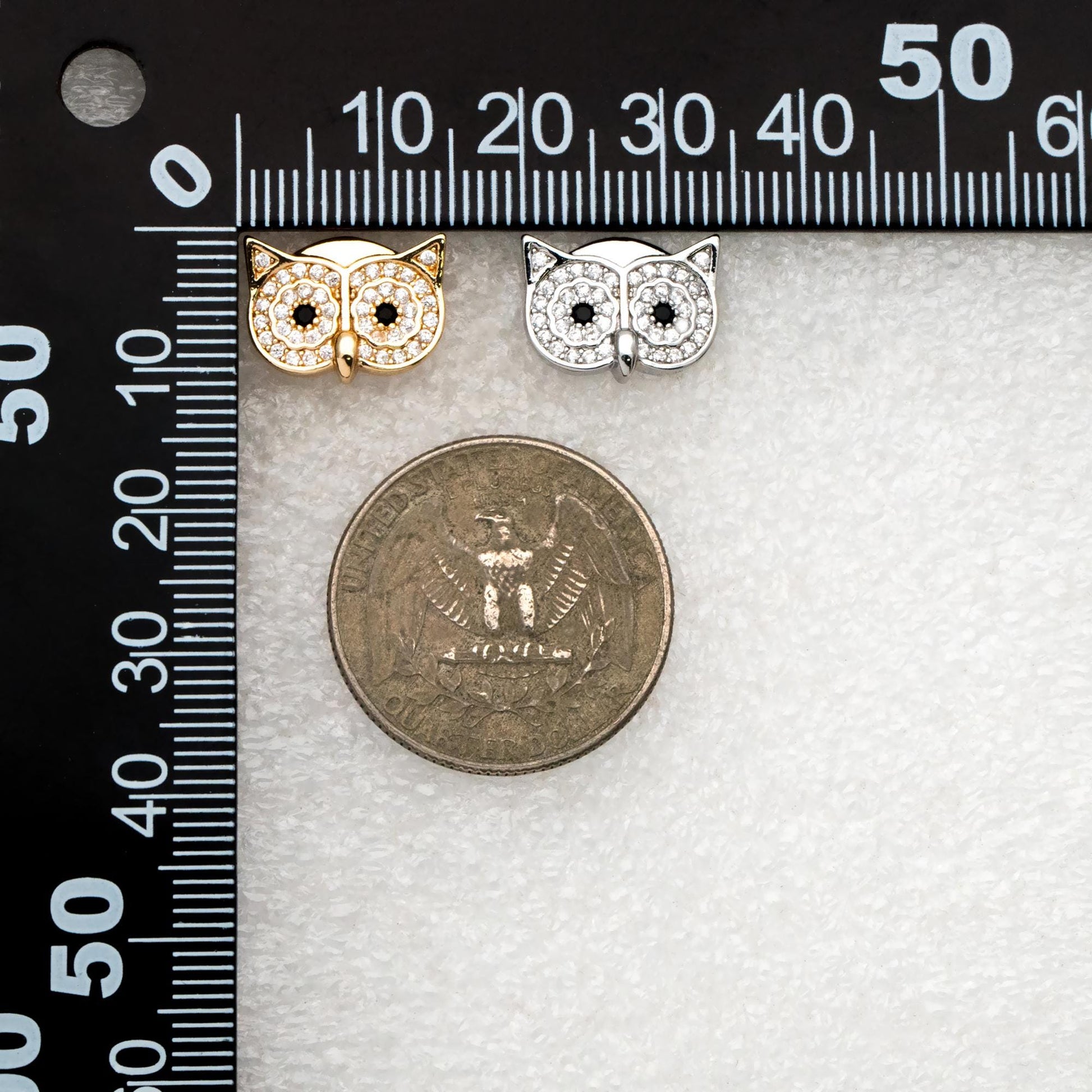 4pcs CZ Pave Gold/ Silver Tone Owl Earrings 11x14mm, Gold/ Rhodium Plated Brass, Bird Stud Earrings (GB-4513)