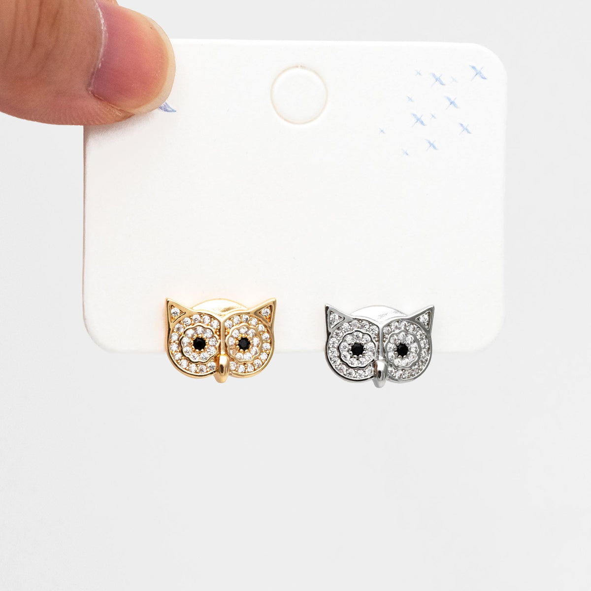 4pcs CZ Pave Gold/ Silver Tone Owl Earrings 11x14mm, Gold/ Rhodium Plated Brass, Bird Stud Earrings (GB-4513)