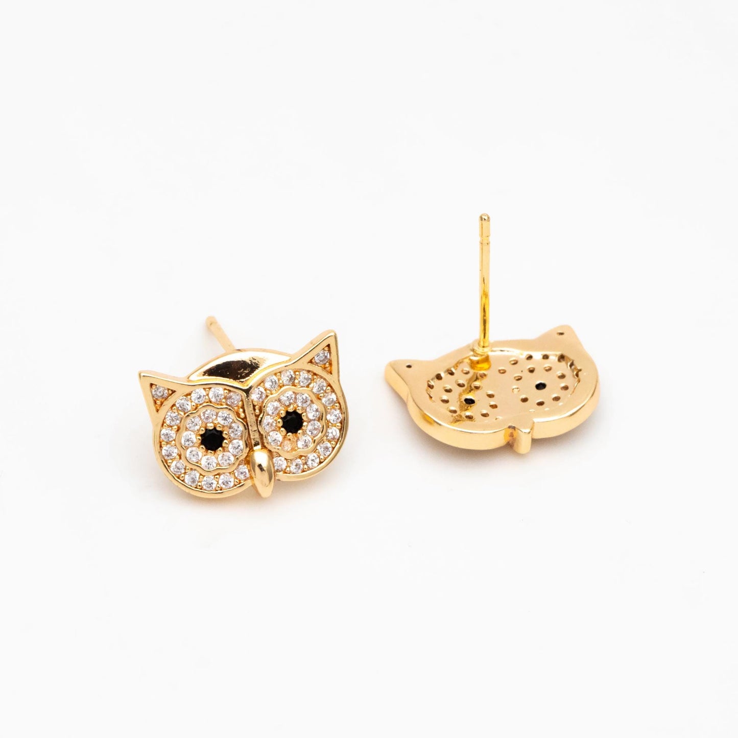 4pcs CZ Pave Gold/ Silver Tone Owl Earrings 11x14mm, Gold/ Rhodium Plated Brass, Bird Stud Earrings (GB-4513)