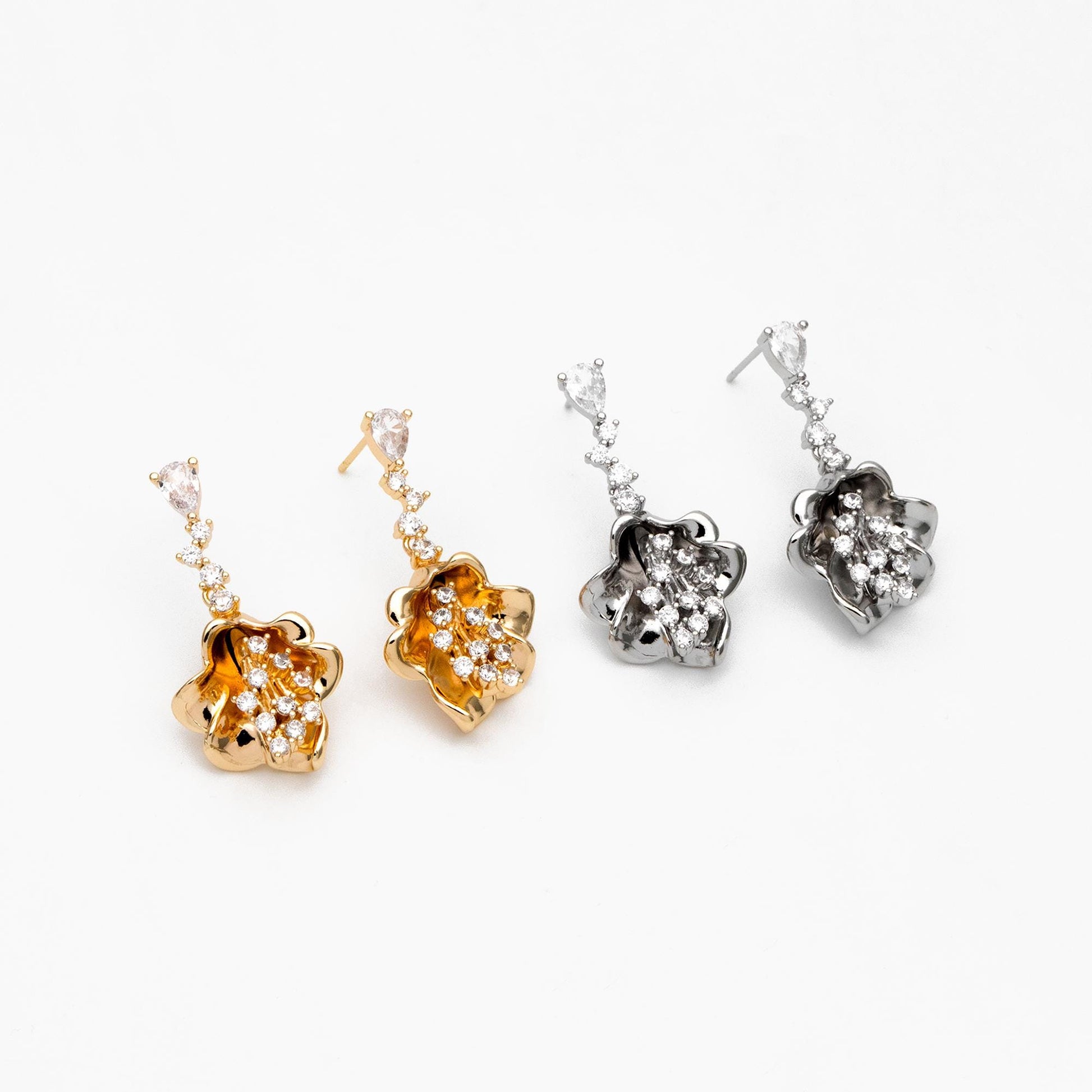 4pcs CZ Pave Gold/ Silver Tone Flower Earrings, 18K Gold/ Rhodium plated Brass, Dainty Dangle Earrings (GB-4517)