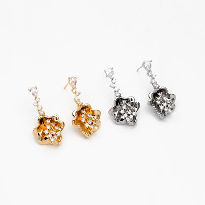 4pcs CZ Pave Gold/ Silver Tone Flower Earrings, 18K Gold/ Rhodium plated Brass, Dainty Dangle Earrings (GB-4517)