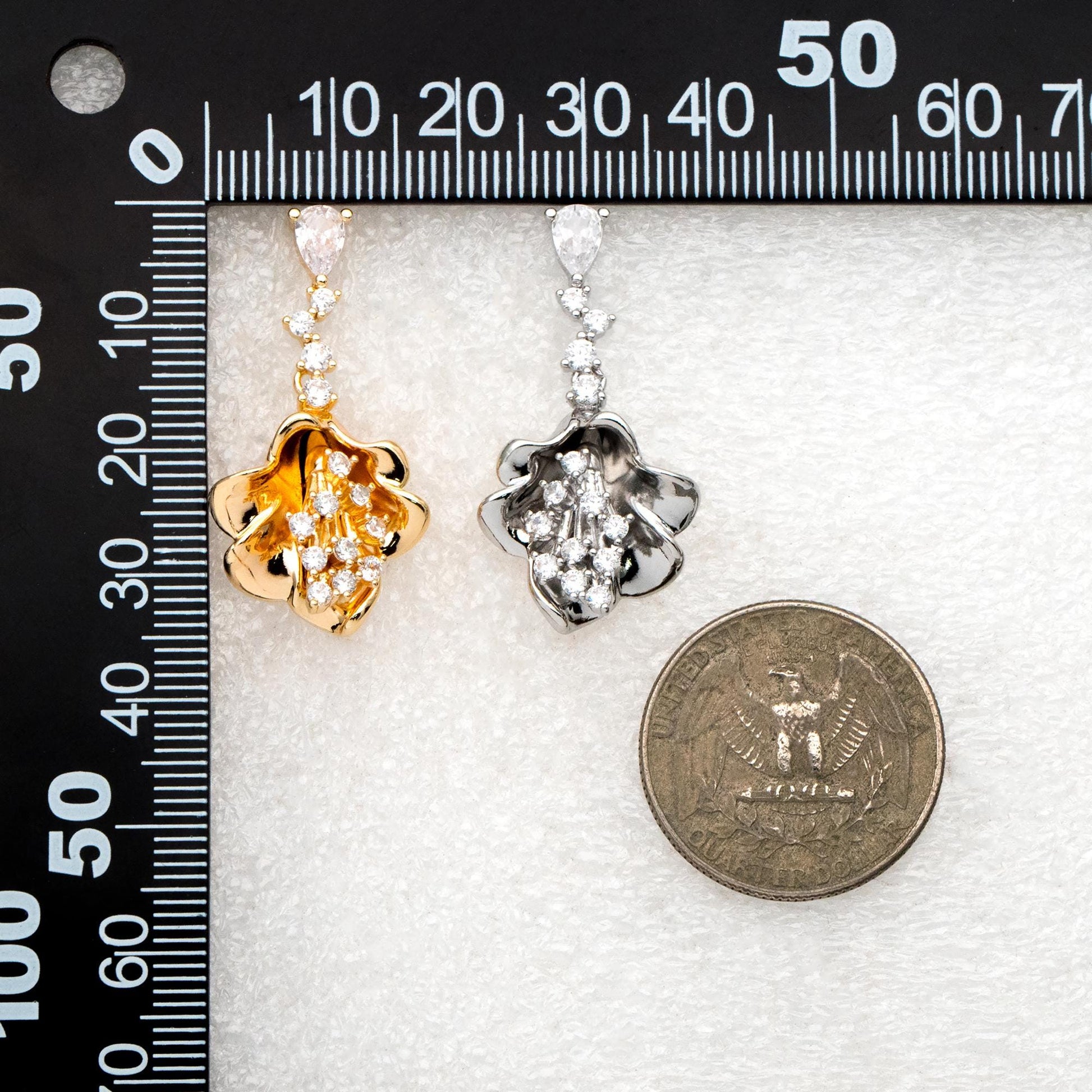 4pcs CZ Pave Gold/ Silver Tone Flower Earrings, 18K Gold/ Rhodium plated Brass, Dainty Dangle Earrings (GB-4517)