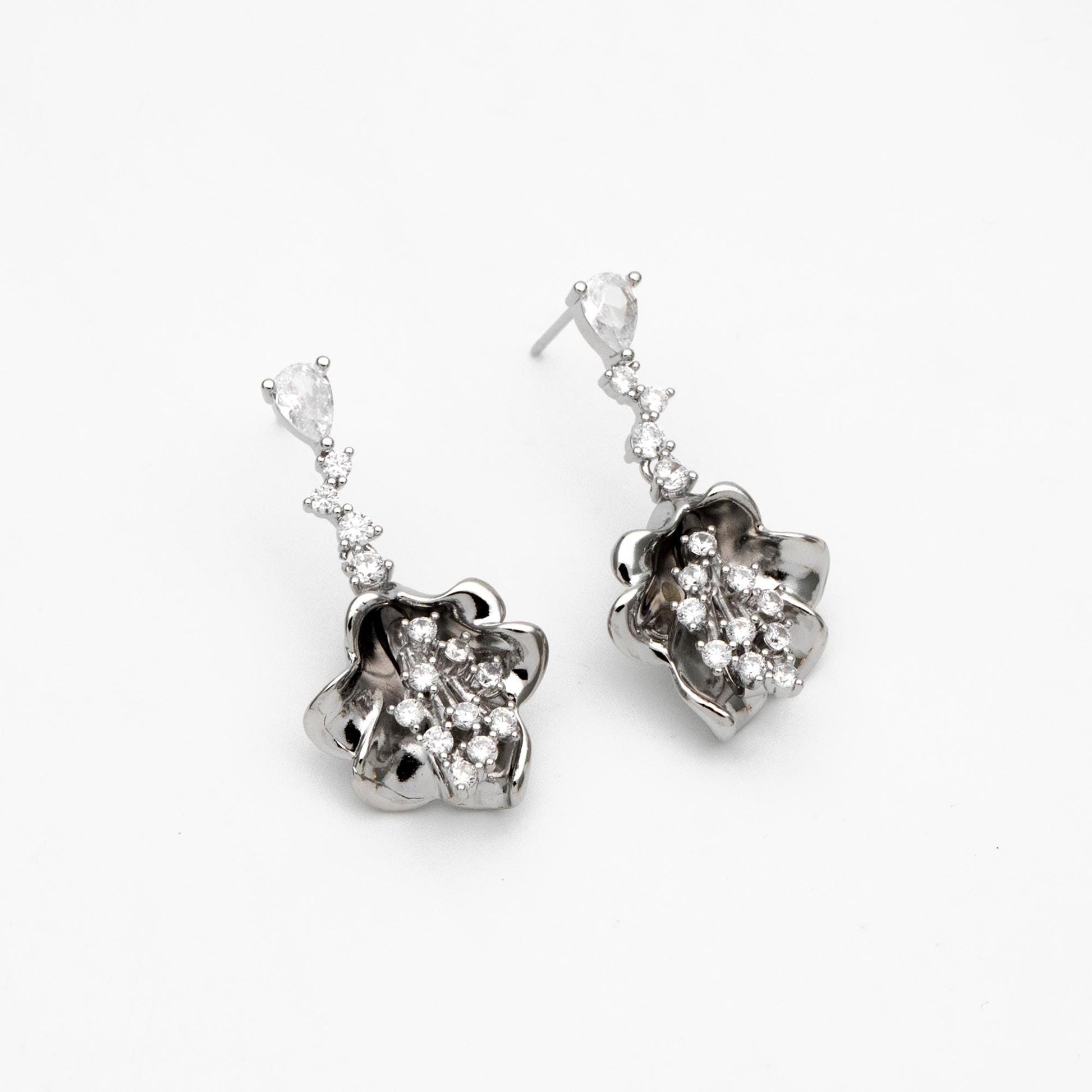 4pcs CZ Pave Gold/ Silver Tone Flower Earrings, 18K Gold/ Rhodium plated Brass, Dainty Dangle Earrings (GB-4517)