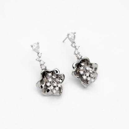 4pcs CZ Pave Gold/ Silver Tone Flower Earrings, 18K Gold/ Rhodium plated Brass, Dainty Dangle Earrings (GB-4517)