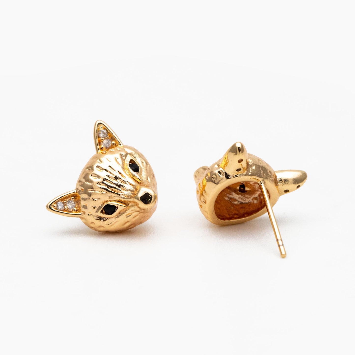 4pcs CZ Pave Gold Fox Head Earrings 12x14mm, Gold Plated Brass, Cute Animal Stud Earrings (GB-4529)