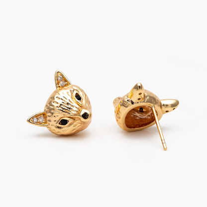 4pcs CZ Pave Gold Fox Head Earrings 12x14mm, Gold Plated Brass, Cute Animal Stud Earrings (GB-4529)
