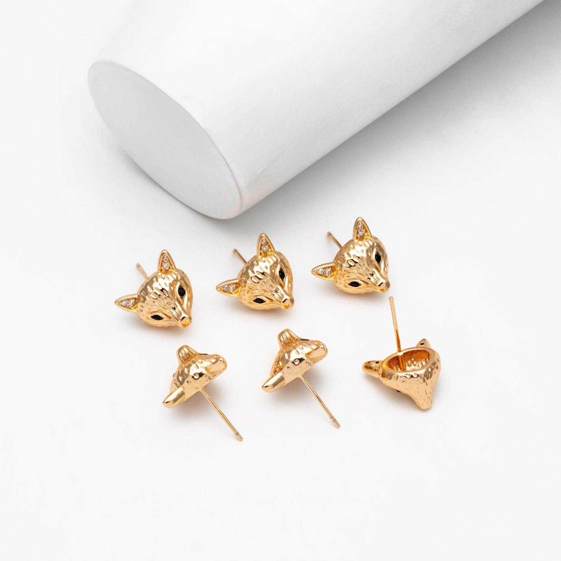 4pcs CZ Pave Gold Fox Head Earrings 12x14mm, Gold Plated Brass, Cute Animal Stud Earrings (GB-4529)