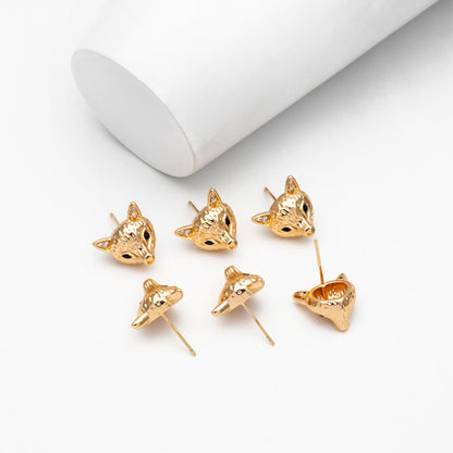 4pcs CZ Pave Gold Fox Head Earrings 12x14mm, Gold Plated Brass, Cute Animal Stud Earrings (GB-4529)