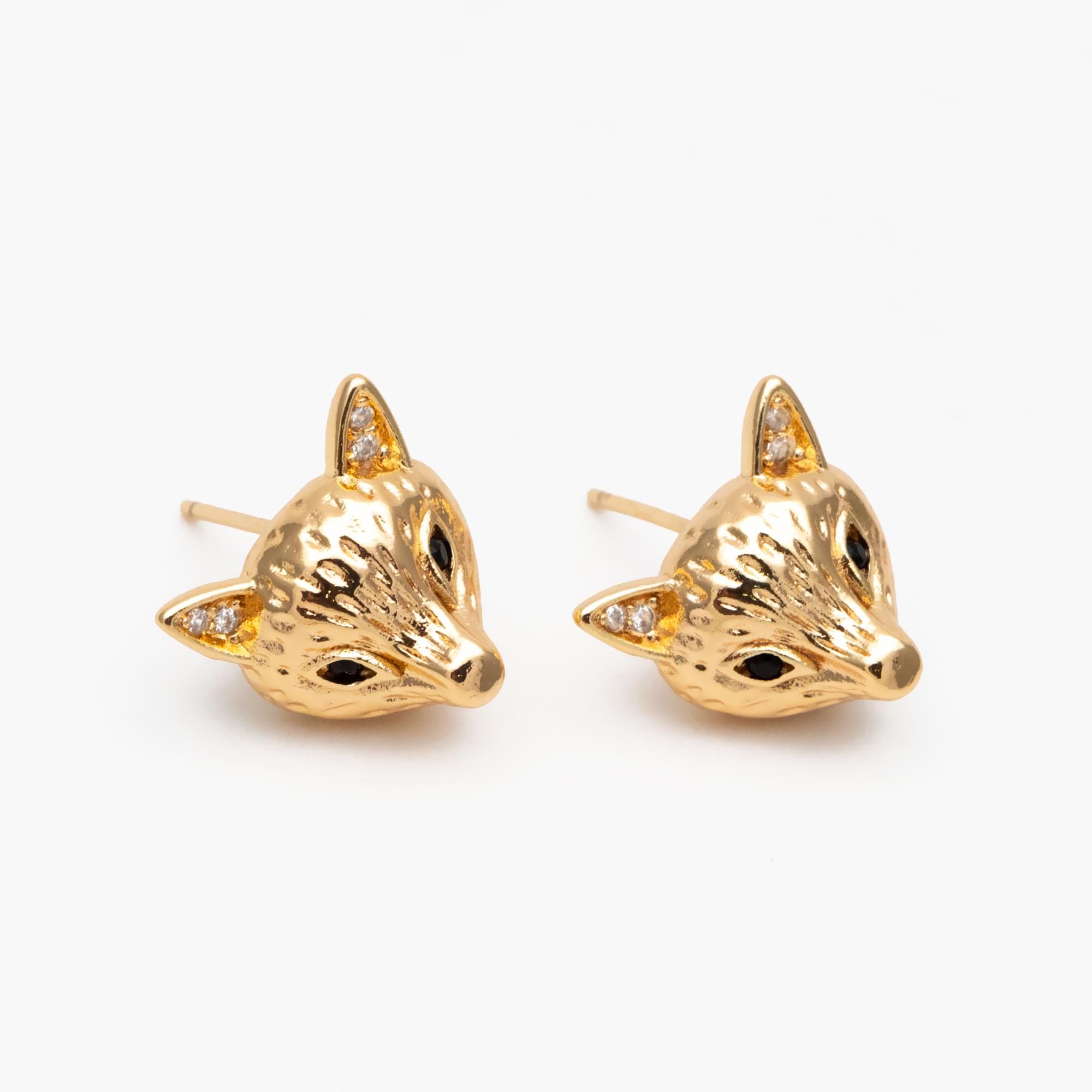4pcs CZ Pave Gold Fox Head Earrings 12x14mm, Gold Plated Brass, Cute Animal Stud Earrings (GB-4529)
