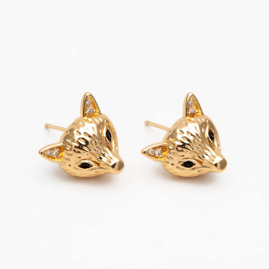 4pcs CZ Pave Gold Fox Head Earrings 12x14mm, Gold Plated Brass, Cute Animal Stud Earrings (GB-4529)
